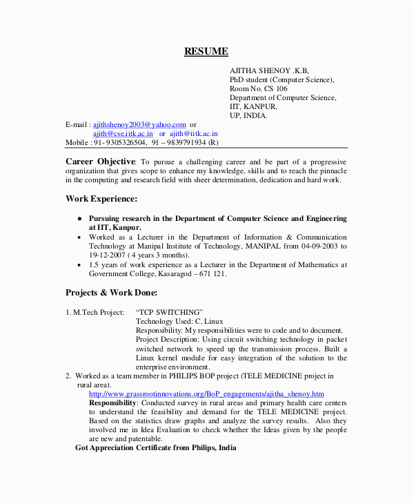 Freshers Resume Samples for Computer Science Puter Science Resume Template for It Workers