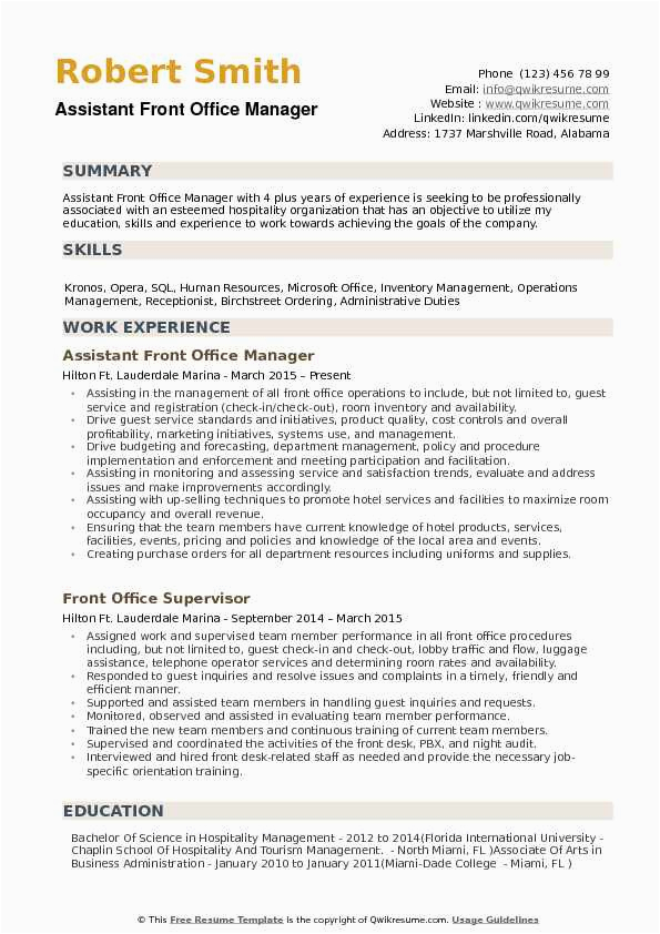 Front Desk assistant Manager Sample Resume assistant Front Fice Manager Resume Samples