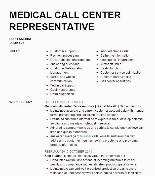 Health Insurance Call Center Resume Sample Medical Call Center Representative Resume Example Dispatchhealth