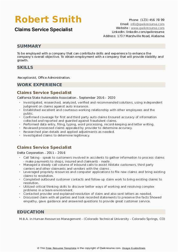 Health Insurance Claims Specialist Resume Sample Claims Service Specialist Resume Samples