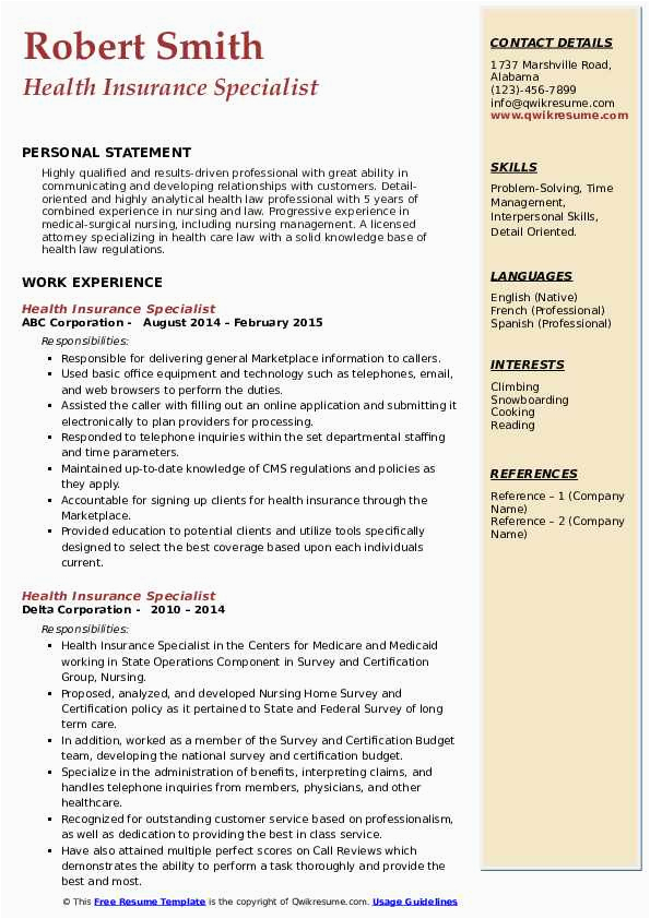 Health Insurance Claims Specialist Resume Sample Health Insurance Specialist Resume Samples
