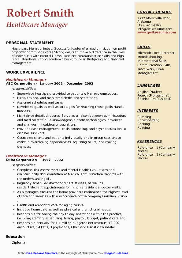 Healthcare Administrator Resume Sample Skills Needed Healthcare Manager Resume Samples