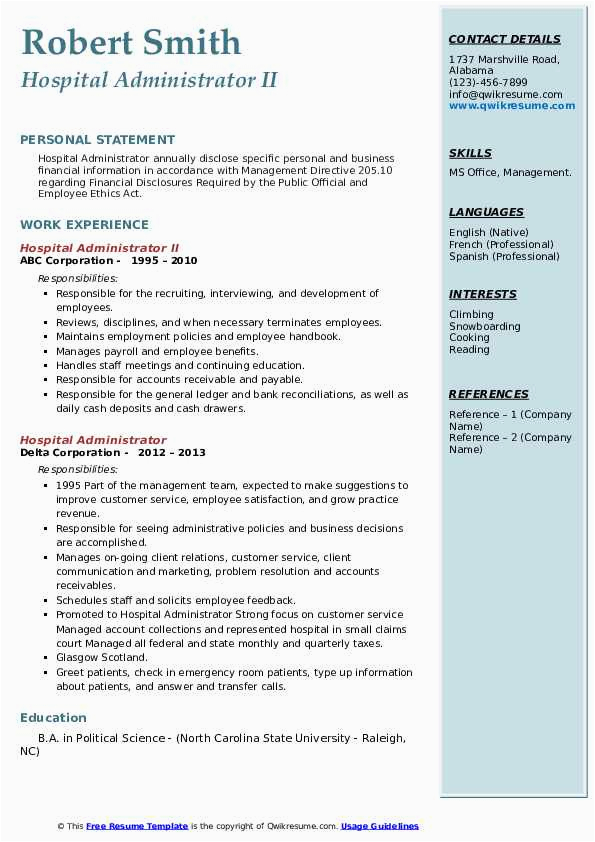 Healthcare Administrator Resume Sample Skills Needed Hospital Administrator Resume Samples