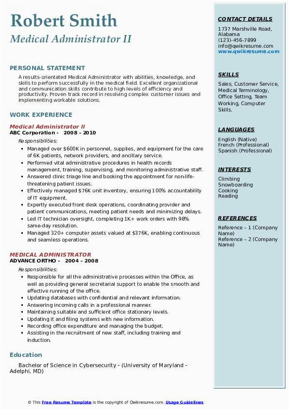 Healthcare Administrator Resume Sample Skills Needed Medical Administrator Resume Samples