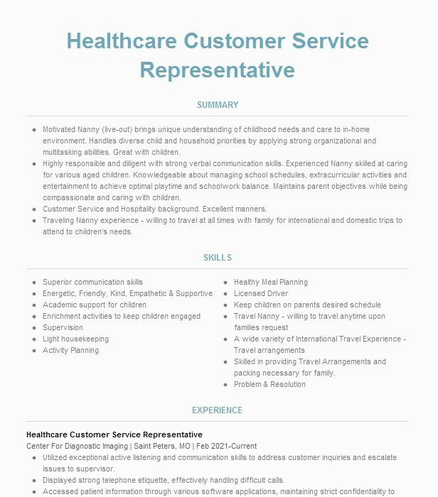 Healthcare Customer Service Representative Sample Resume Healthcare Customer Service Representative Resume Example Pany Name