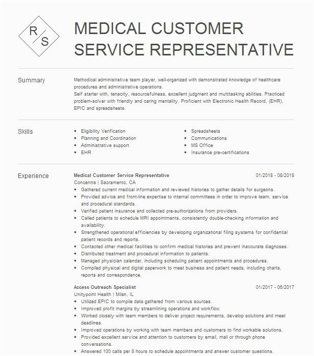 Healthcare Customer Service Representative Sample Resume Medical Customer Service Representative Resume Example Cigna