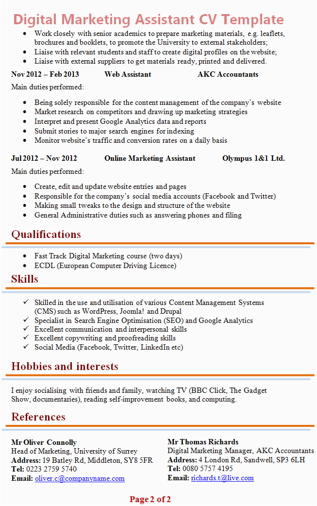 I M Interested In Resume Sample Media and Marketing Digital Marketing assistant Cv Template 2