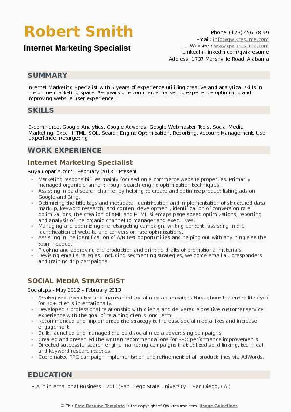 I M Interested In Resume Sample Media and Marketing Internet Marketing Specialist Resume Samples