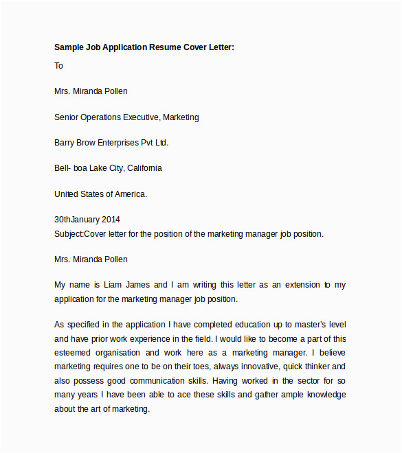 Job Application Letter Sample with Resume Free 7 Sample Resume Cover Letter Templates In Pdf
