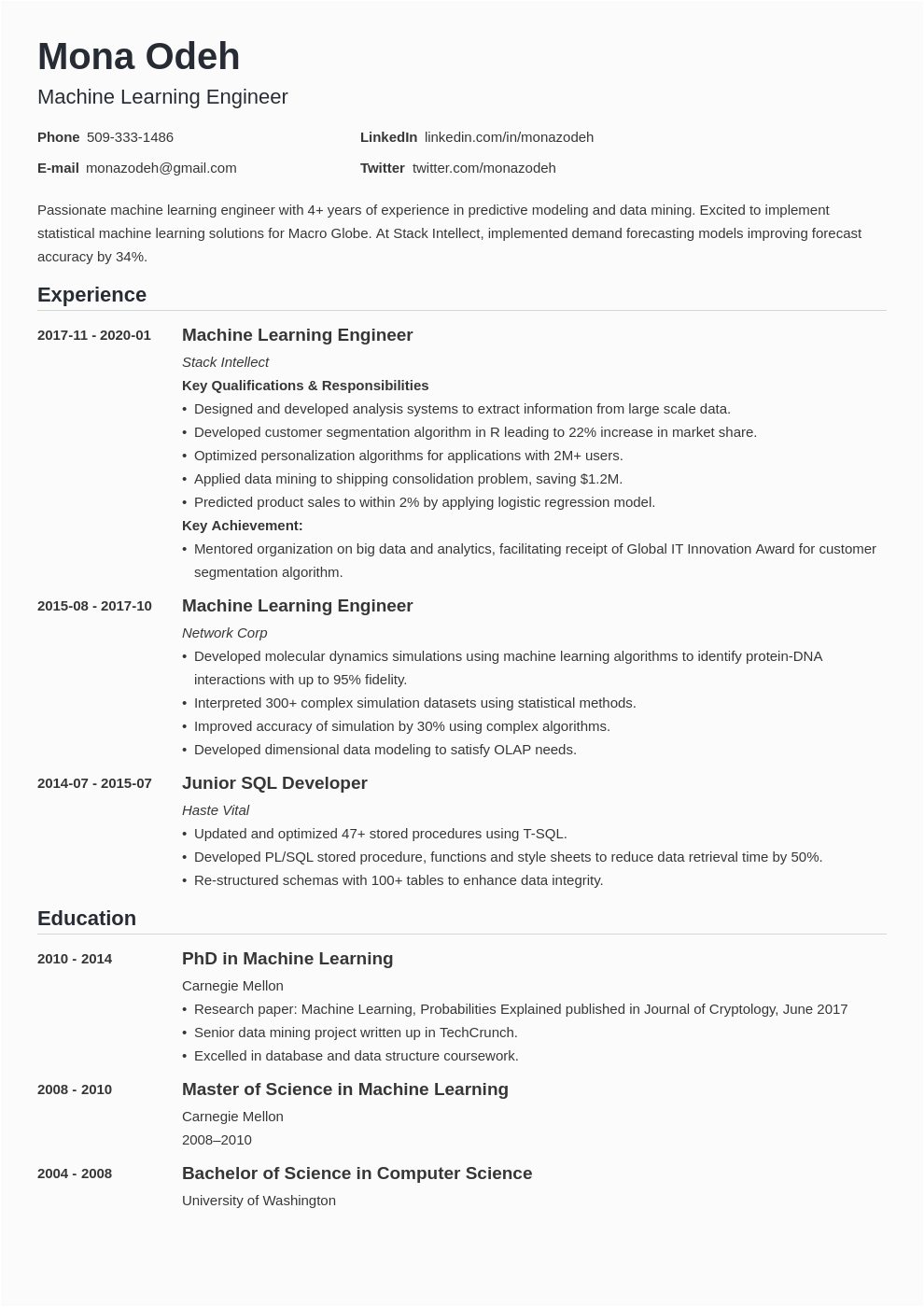 Machine Learning Sample Resume for Freshers Machine Learning Resume Samples and Writing Guide