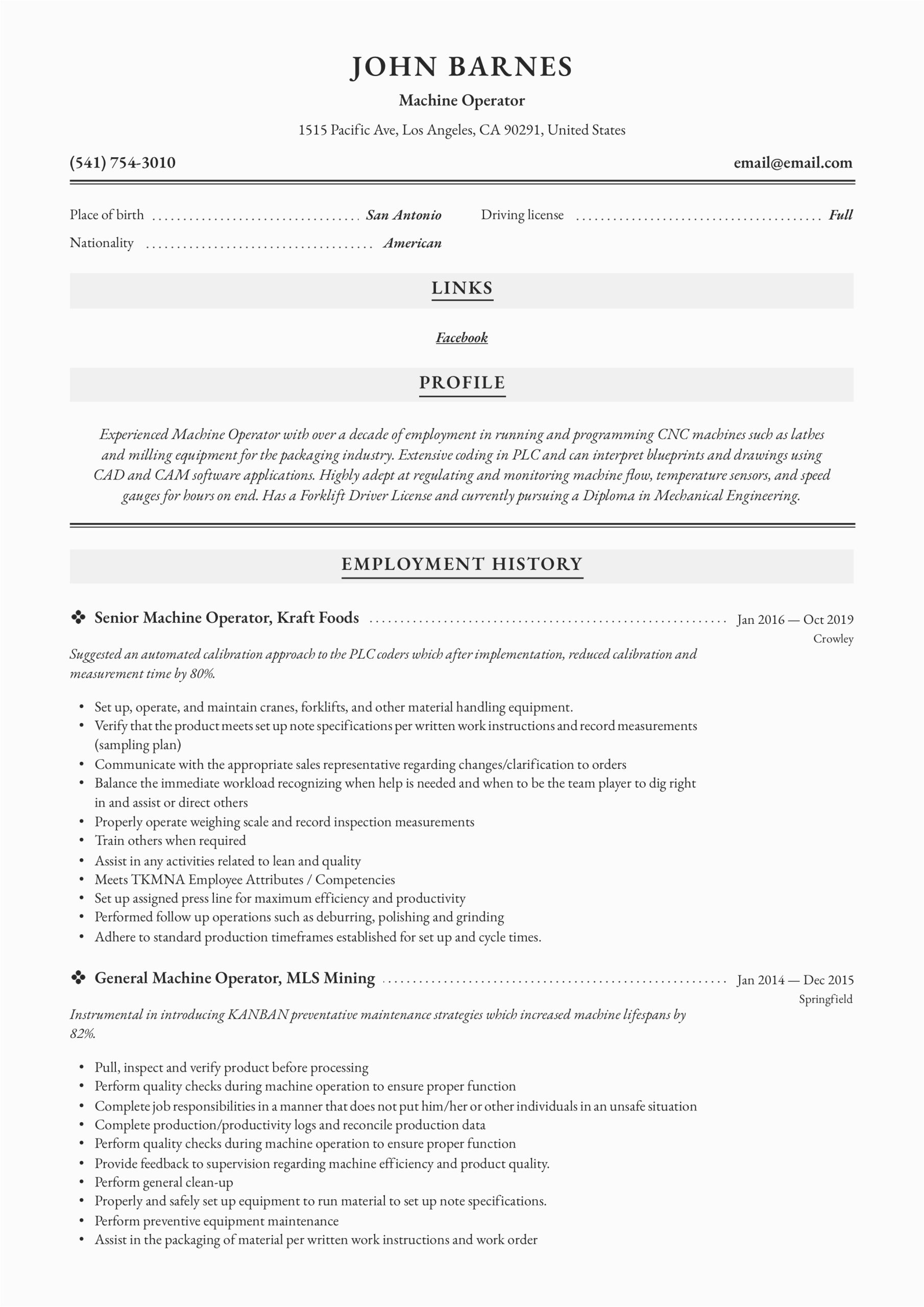 Machine Operator Job Description Sample Resume Machine Operator Resume & Writing Guide 12 Templates