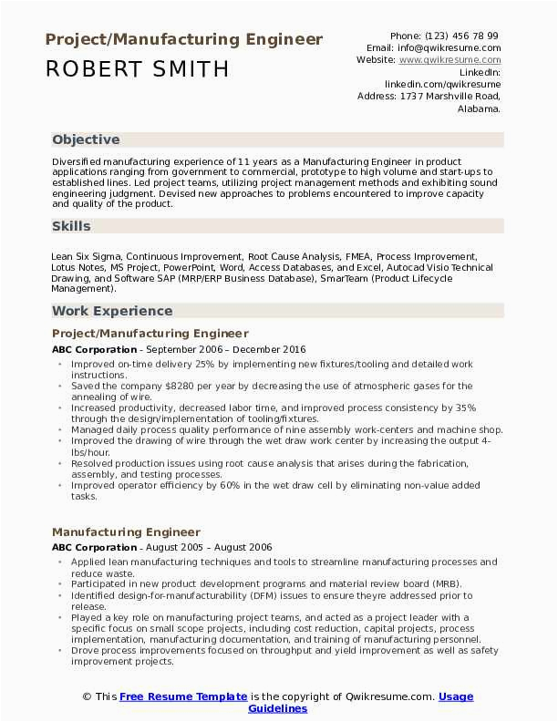 Manufacturing and Production Engineer Resume Samples Manufacturing Engineer Resume Samples