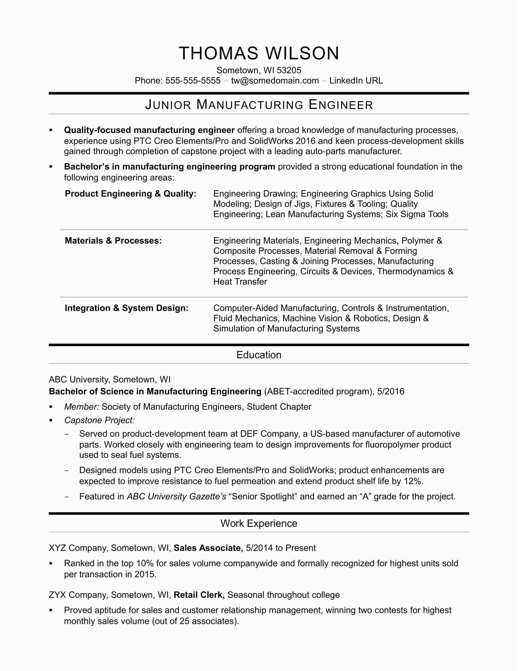 Manufacturing Engineer Mid Career Resume Sample Manufacturing Engineer Resume