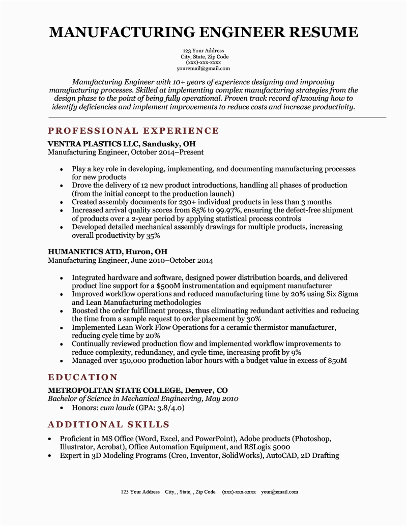 Manufacturing Engineer Mid Career Resume Sample Manufacturing Engineer Resume [sample & How to Write]