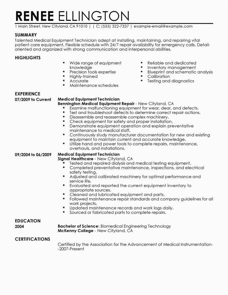 Manufacturing Healthcare Industry Technician Resume Sample Best Medical Equipment Technician Resume Example From Professional