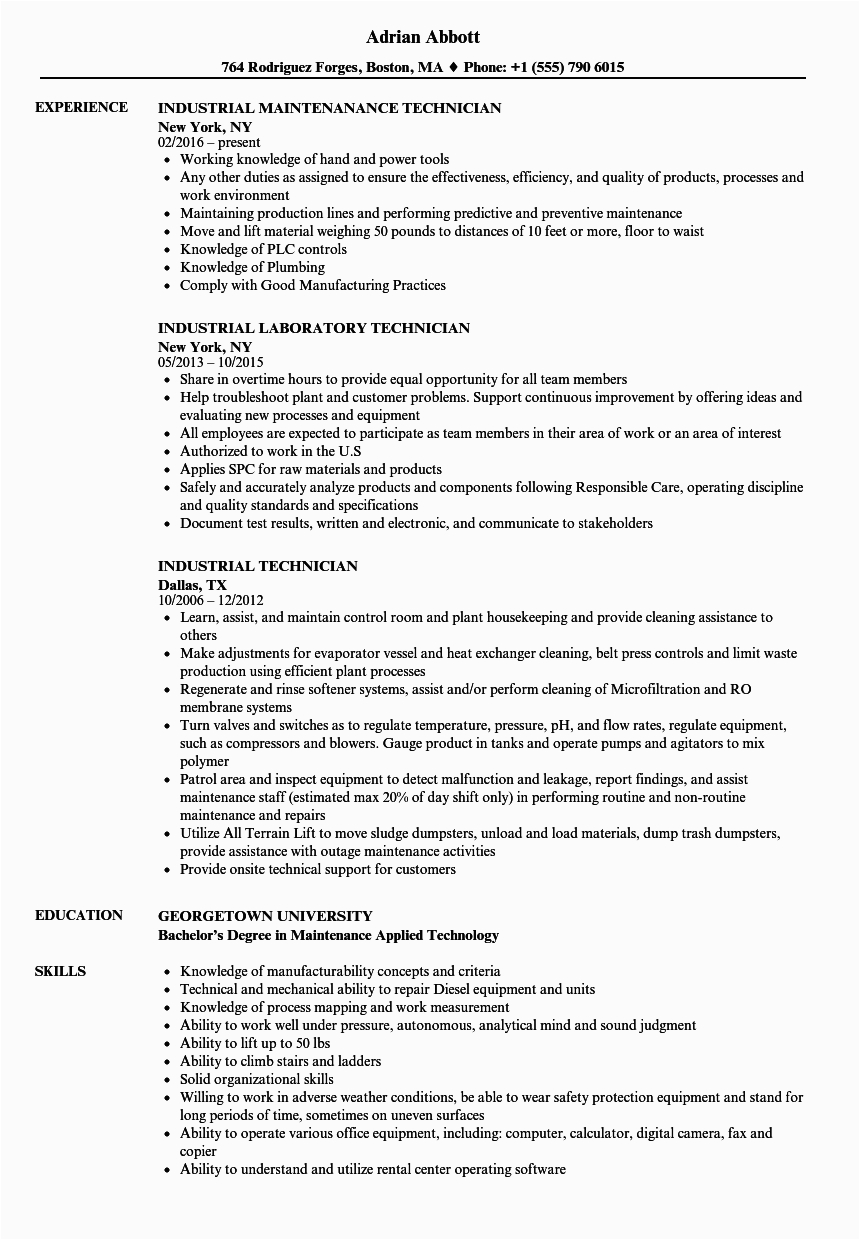 Manufacturing Healthcare Industry Technician Resume Sample Industrial Technician Resume Samples
