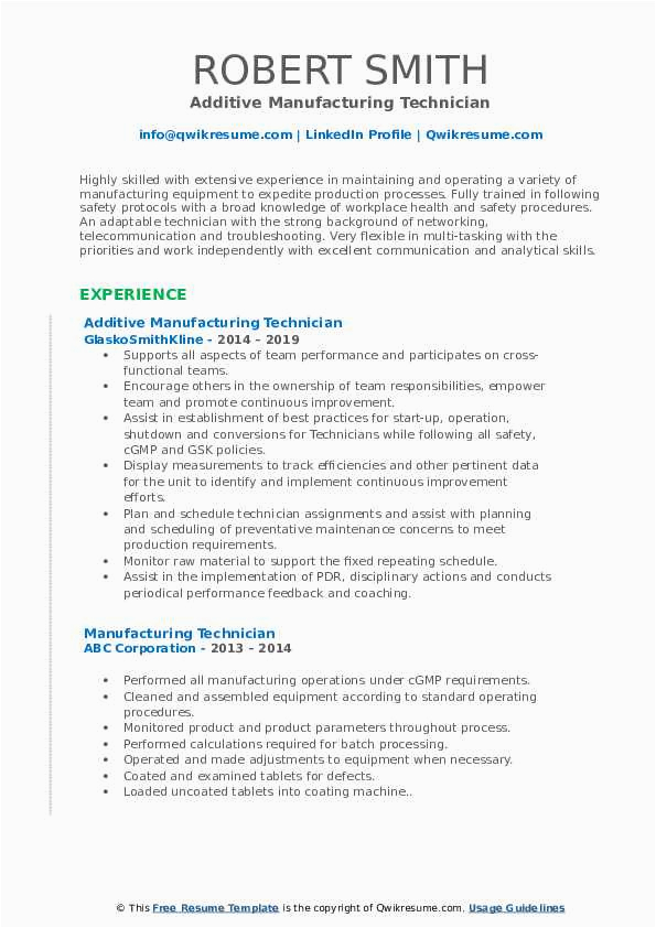 Manufacturing Healthcare Industry Technician Resume Sample Manufacturing Technician Resume Samples