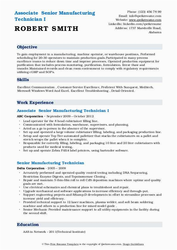 Manufacturing Healthcare Industry Technician Resume Sample Senior Manufacturing Technician Resume Samples