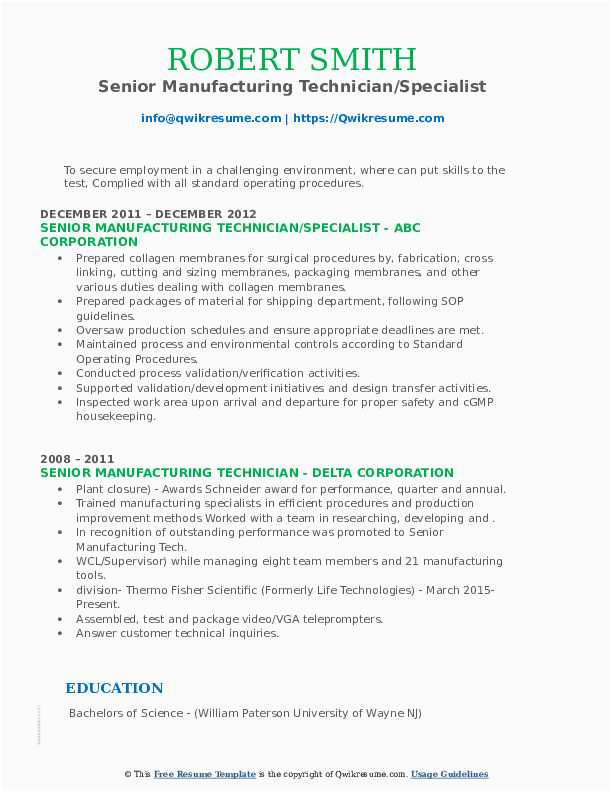 Manufacturing Healthcare Industry Technician Resume Sample Senior Manufacturing Technician Resume Samples
