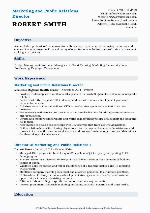 Marketing and Public Relations Resume Sample Director Of Marketing and Public Relations Resume Samples