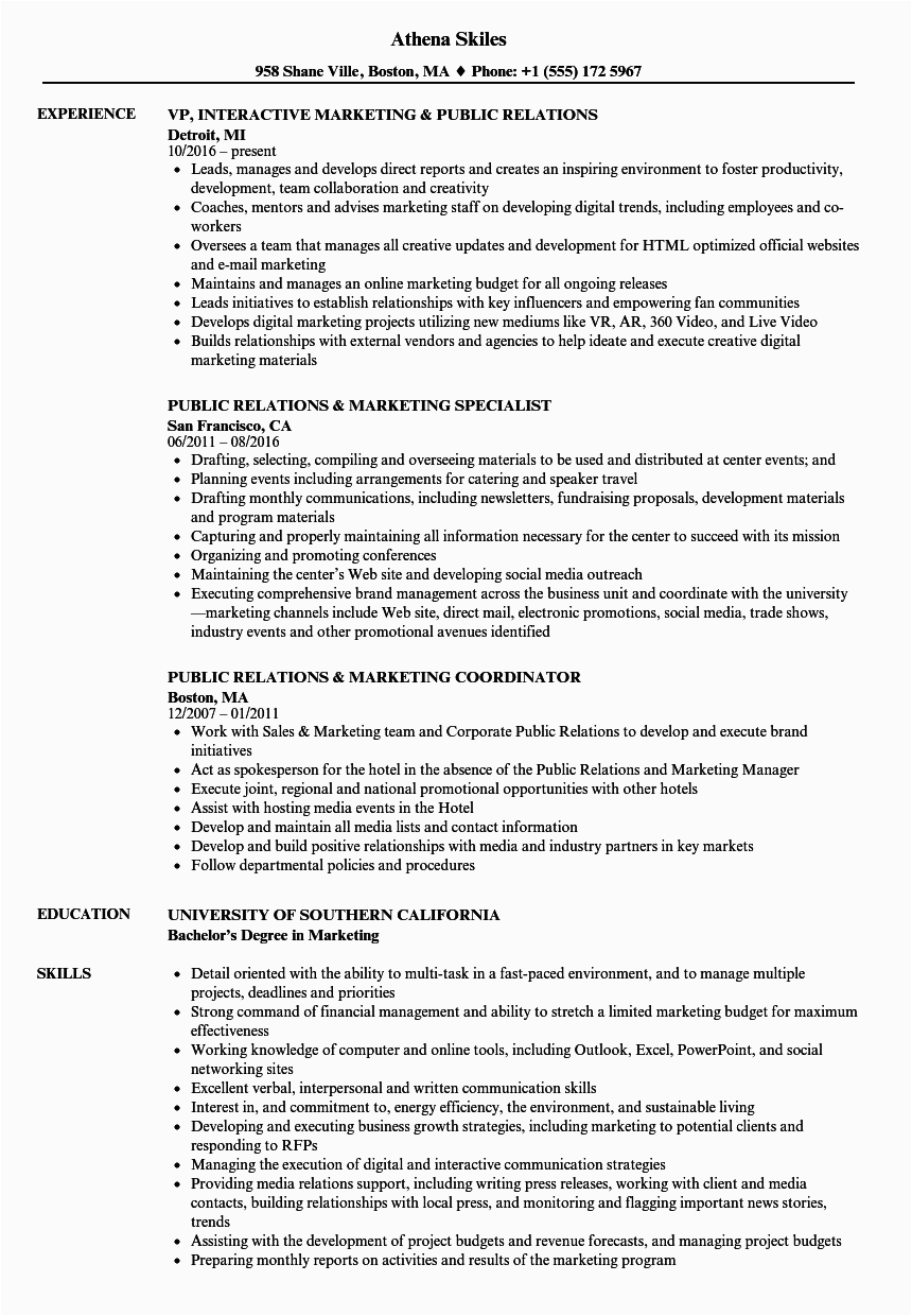 Marketing and Public Relations Resume Sample Public Relations & Marketing Resume Samples