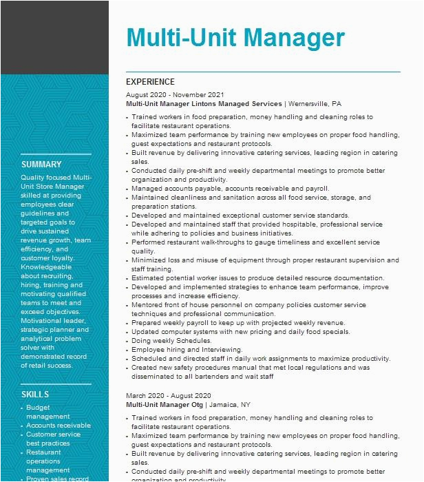 Multi Unit Restaurant Manager Resume Sample Manager Multi Unit Manager Resume Example Excel Hr Cranston Rhode island