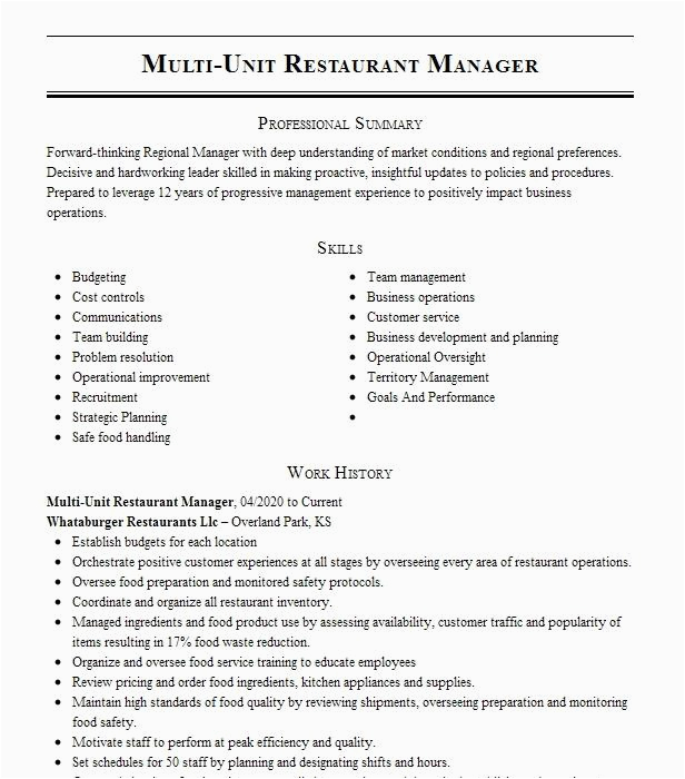 Multi Unit Restaurant Manager Resume Sample Multi Unit Restaurant Owner Operator Resume Example Hyatt Hotels Corp