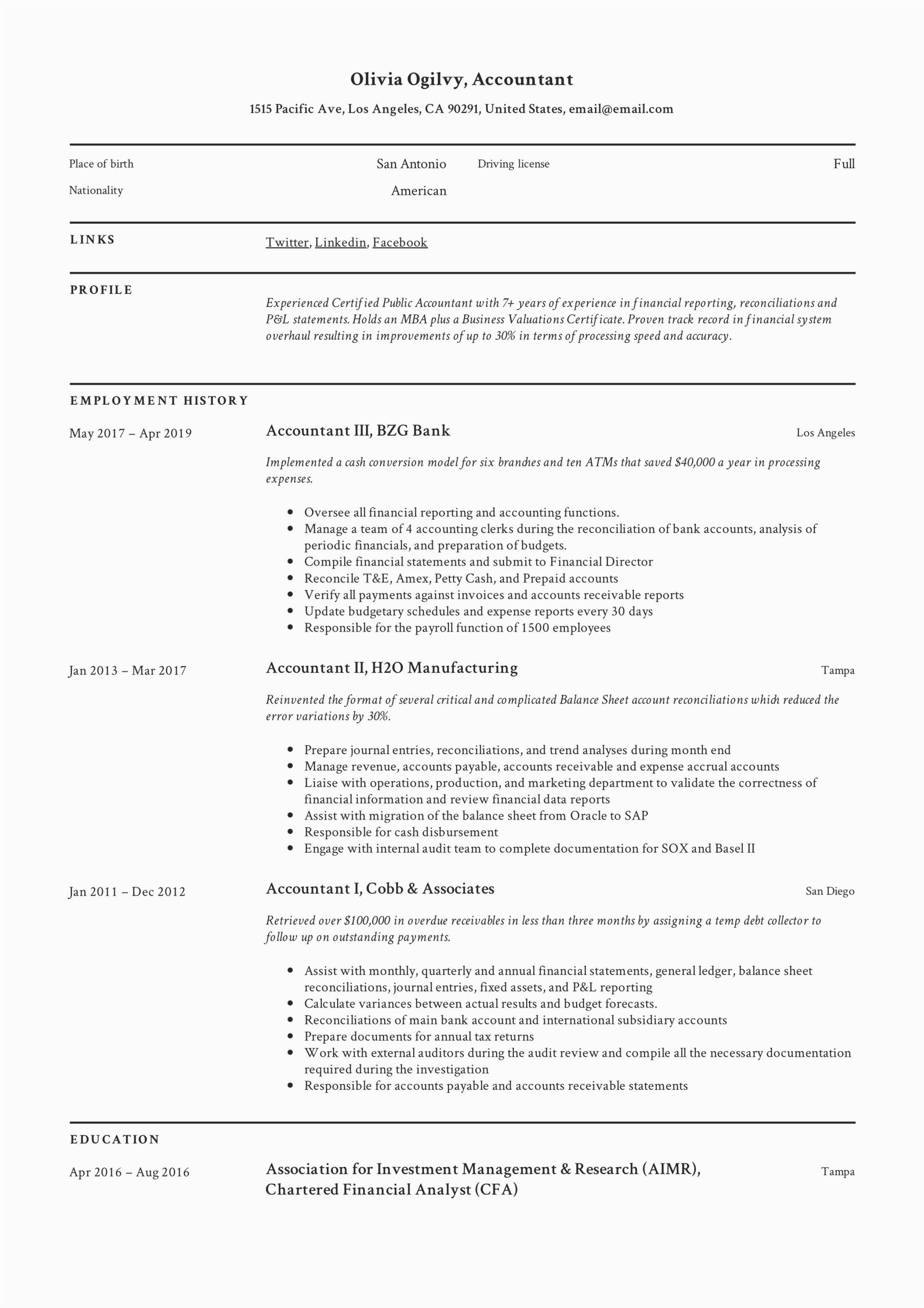 Professional Summary Resume Sample for Accountant Accountant Resume Template