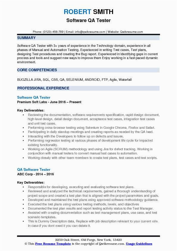 Qtp Sample Resume for software Testers Resumes for software Testing Resume Template Database