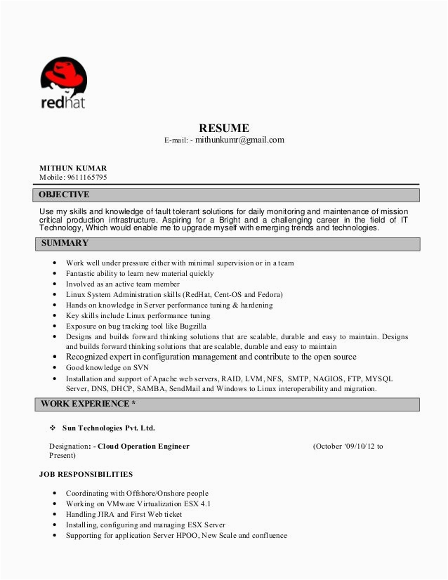 Red Hat Linux Administrator Sample Resume Resume