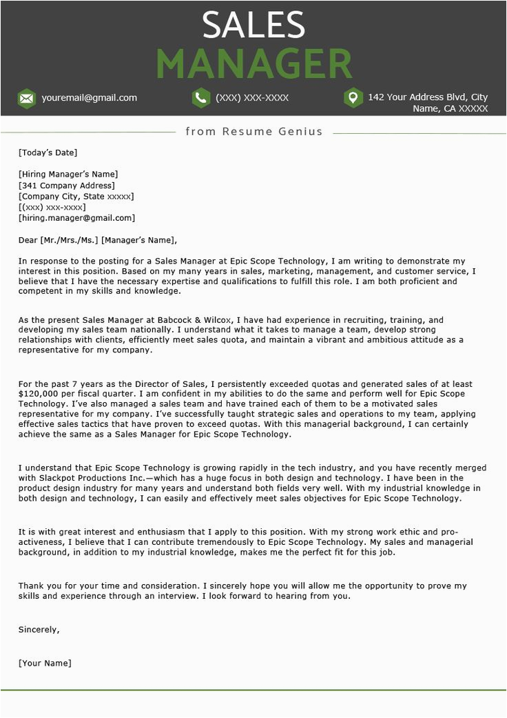 Resume Cover Letter Samples for Sales Manager Sales Manager Cover Letter Sample Free Download