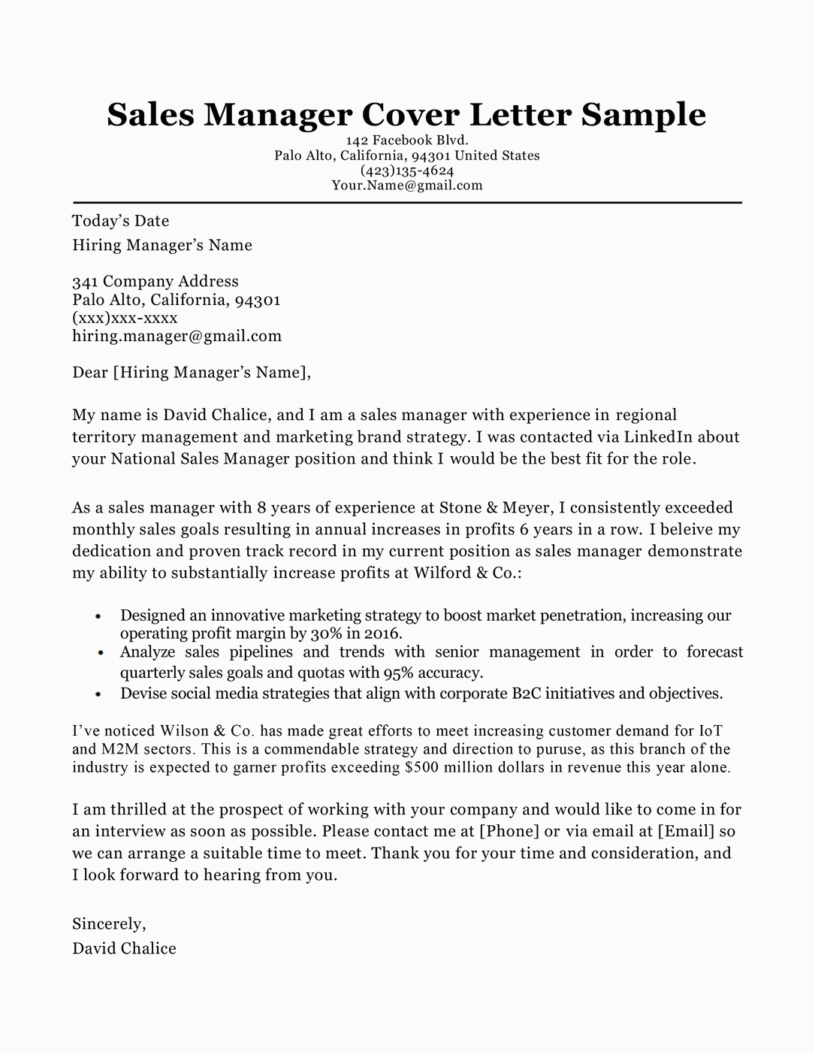 Resume Cover Letter Samples for Sales Manager Sales Manager Cover Letter Sample