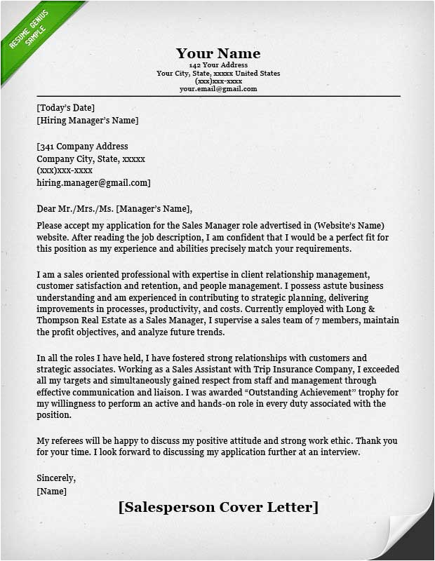 Resume Cover Letter Samples for Sales Manager Salesperson & Marketing Cover Letters