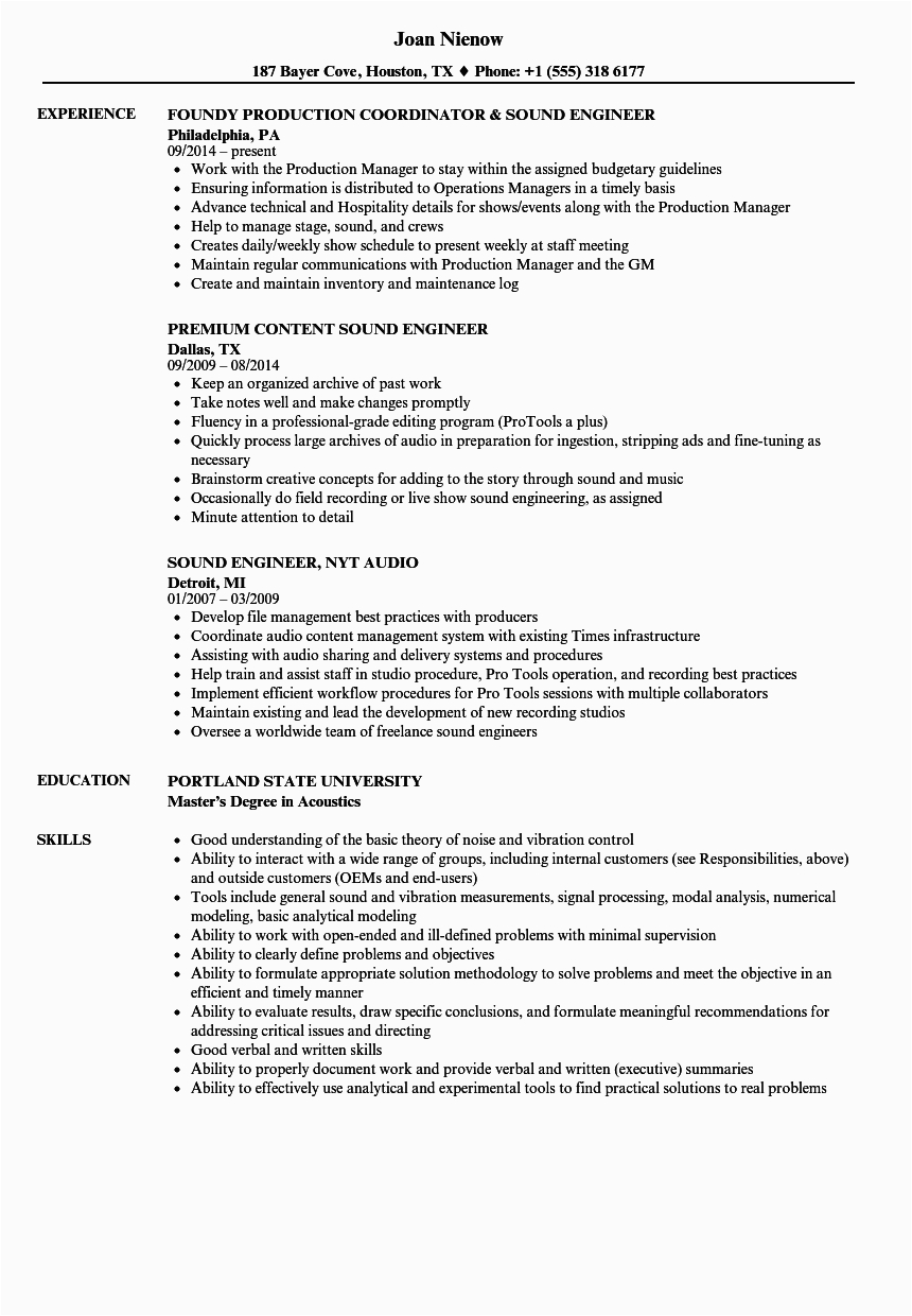 Resume Cover Letter Samples for sound Recording Engineer Audio Engineering Resume Template