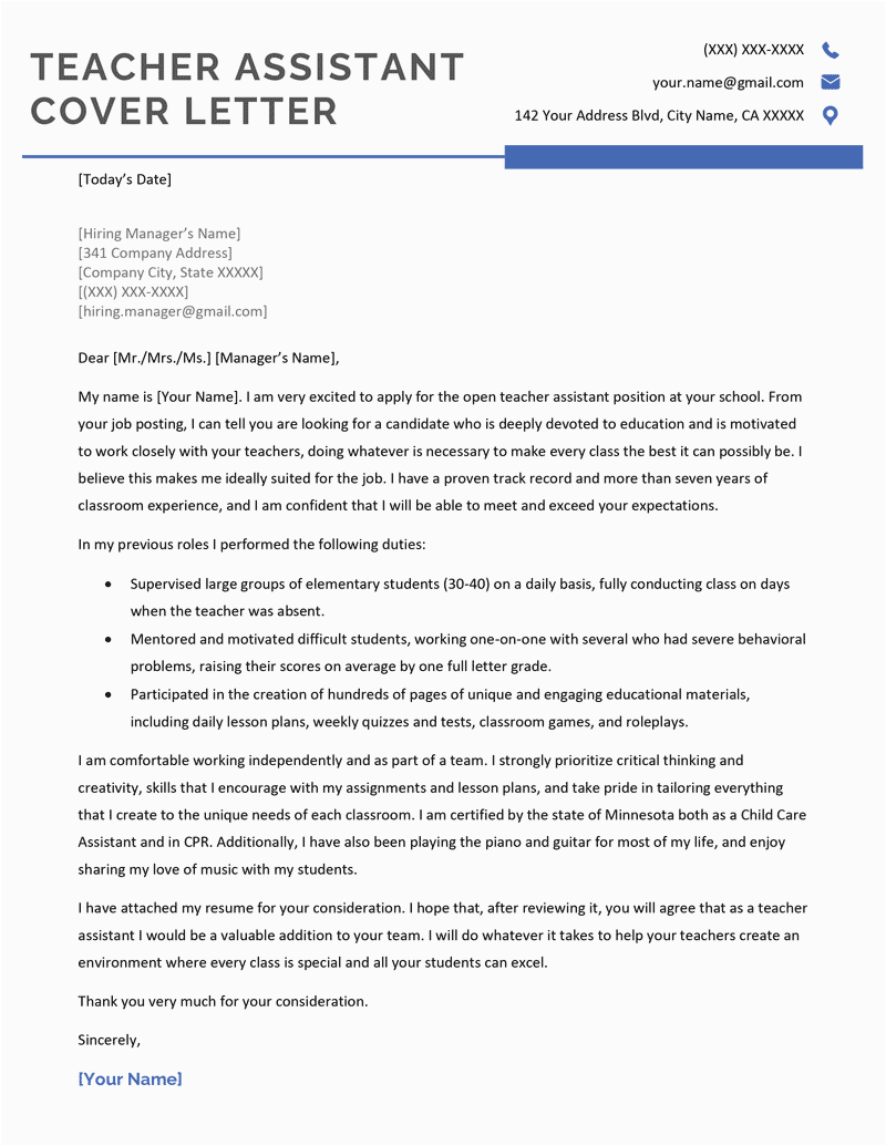 Resume Cover Letter Samples for Teacher assistant Teacher assistant Cover Letter Sample for Download