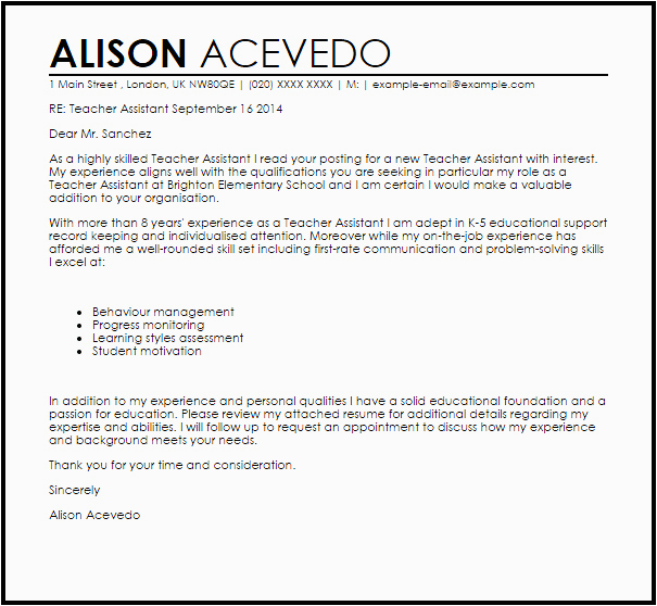 Resume Cover Letter Samples for Teacher assistant Teaching assistant Covering Letter