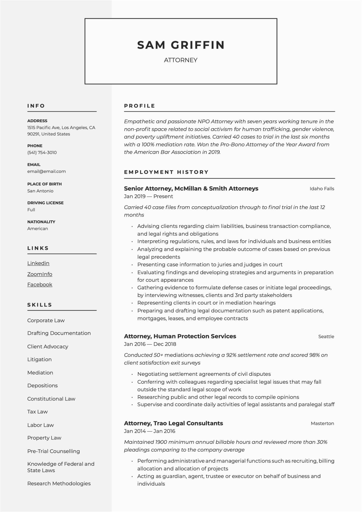 Resume Sample associate attorney Family Law attorney Resume News Word