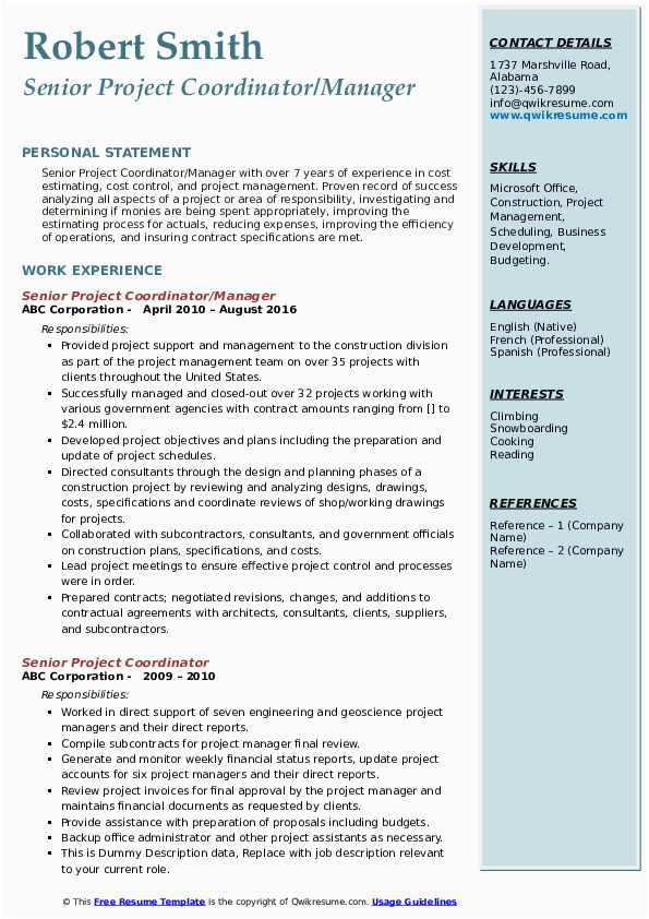 Resume Sample Copy for Project Coordinator for Usa Senior Project Coordinator Resume Samples