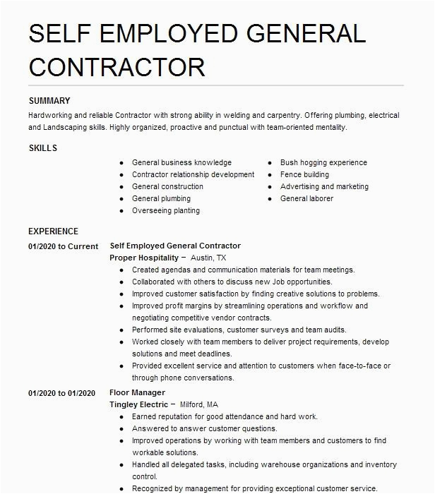 Resume Samples for Self Employed Contractors Self Employed General Contractor Resume Example Channel Building