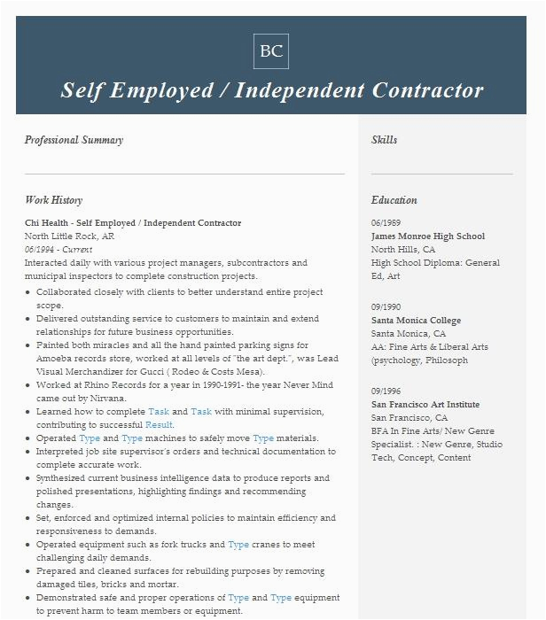 Resume Samples for Self Employed Contractors Self Employed Independent Contractor Resume Example Independent