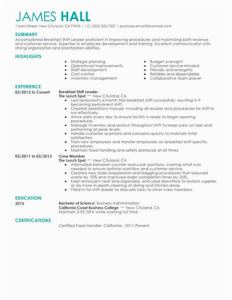 Resume Samples for Shift Leader Fast Food Best Breakfast Shift Leaders Resume Example From Professional Resume