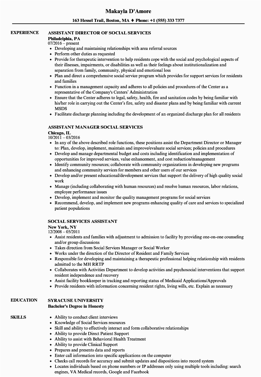 Resume Samples for social Service Positions social Services assistant Resume Samples