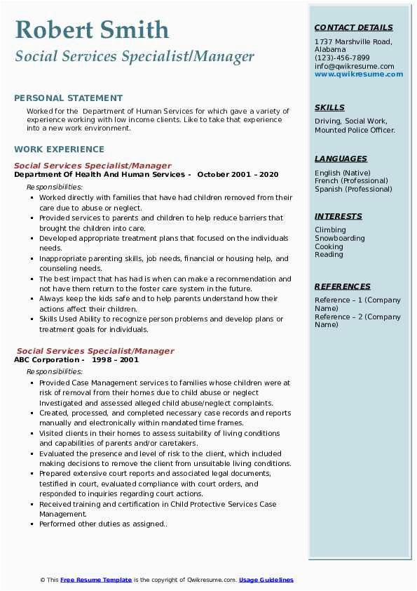 Resume Samples for social Service Positions social Services Specialist Resume Samples
