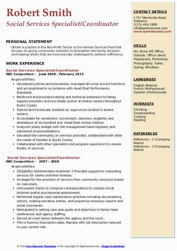 Resume Samples for social Service Positions social Services Specialist Resume Samples