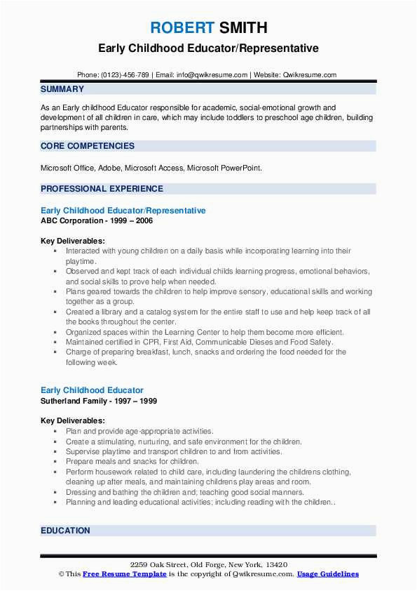 Resume Template for Early Childhood Educator Early Childhood Educator Resume Samples
