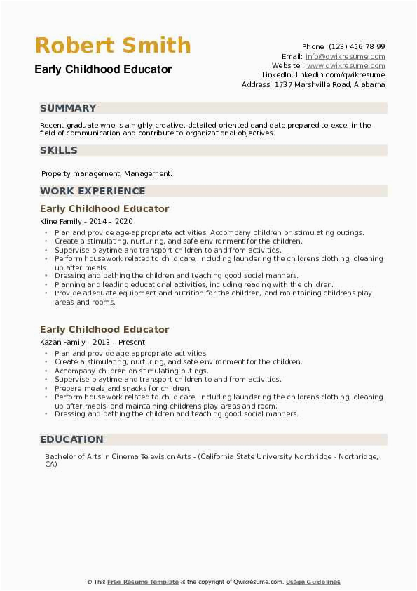 Resume Template for Early Childhood Educator Early Childhood Educator Resume Samples