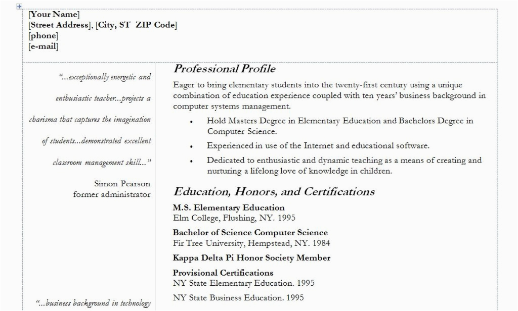 Resume with Quotes On Side Template Teacher Resume Template