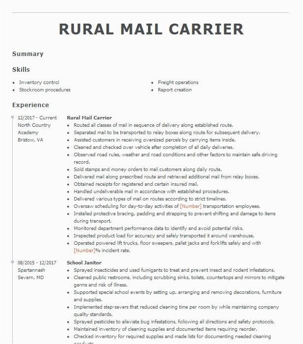 Rural Carrier for Postal Service Sample Resume Mail Carrier Rural Carrier associate Resume Example United States
