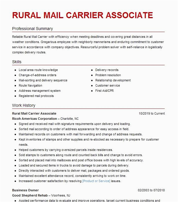 Rural Carrier for Postal Service Sample Resume Mail Carrier Rural Carrier associate Resume Example United States