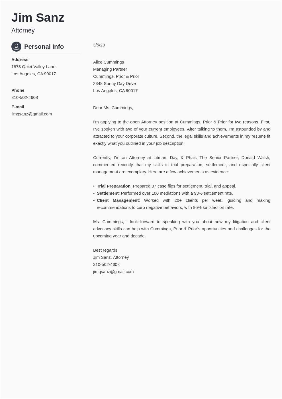 Sample attorney Cover Letter for Resume attorney Cover Letter Samples & Writing Guide
